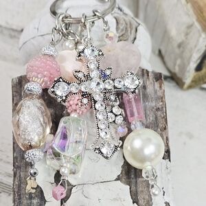 Handmade Crystal Cross Purse Charm / Keychain with Pink and Silver Accents